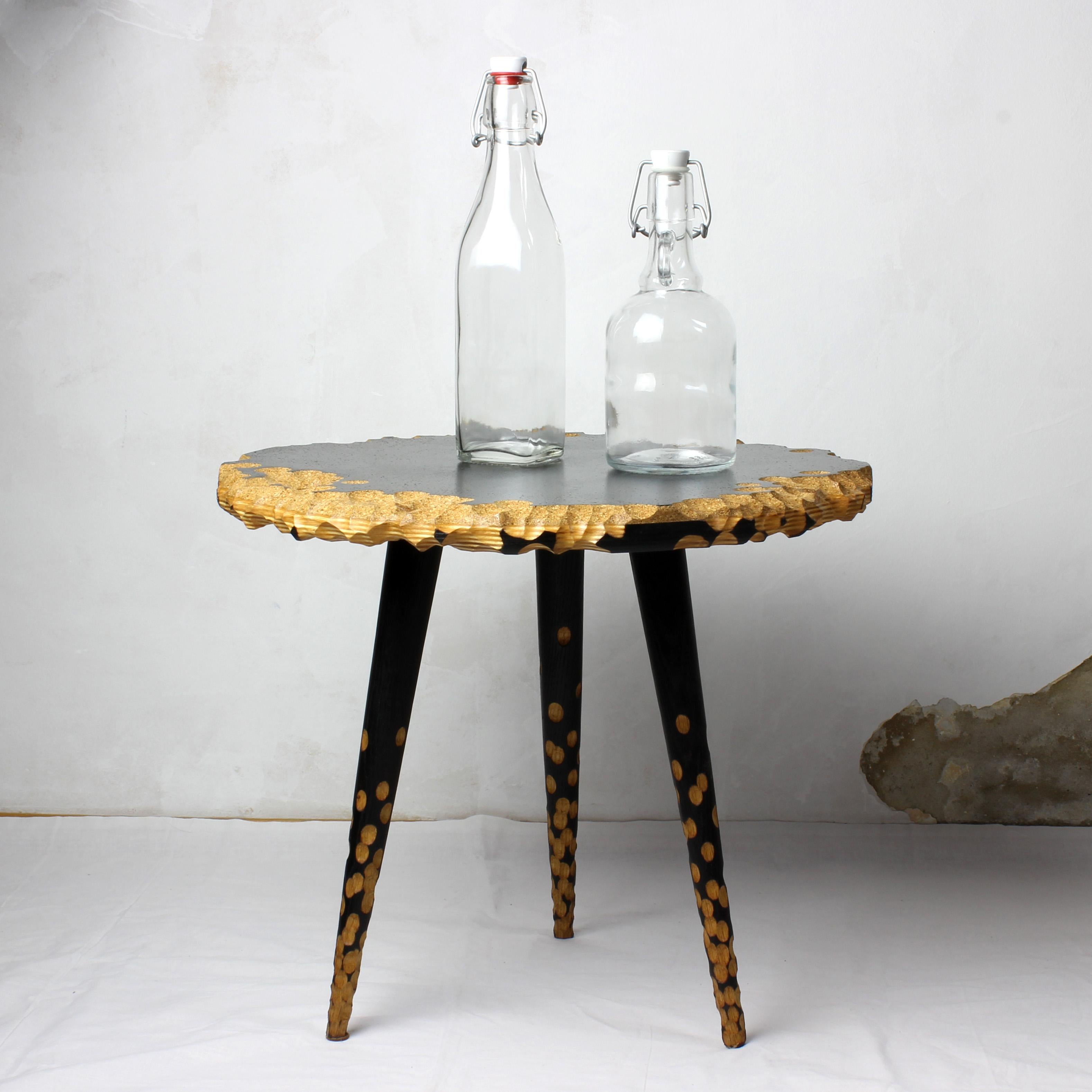Collectible art sculpture side table, one of a kind stool, is made from repurposed wood furniture (mid-century style stool) and cork. Creating new objects from reclaimed materials are the real challenge and joy. This organic shaped sculptural stool