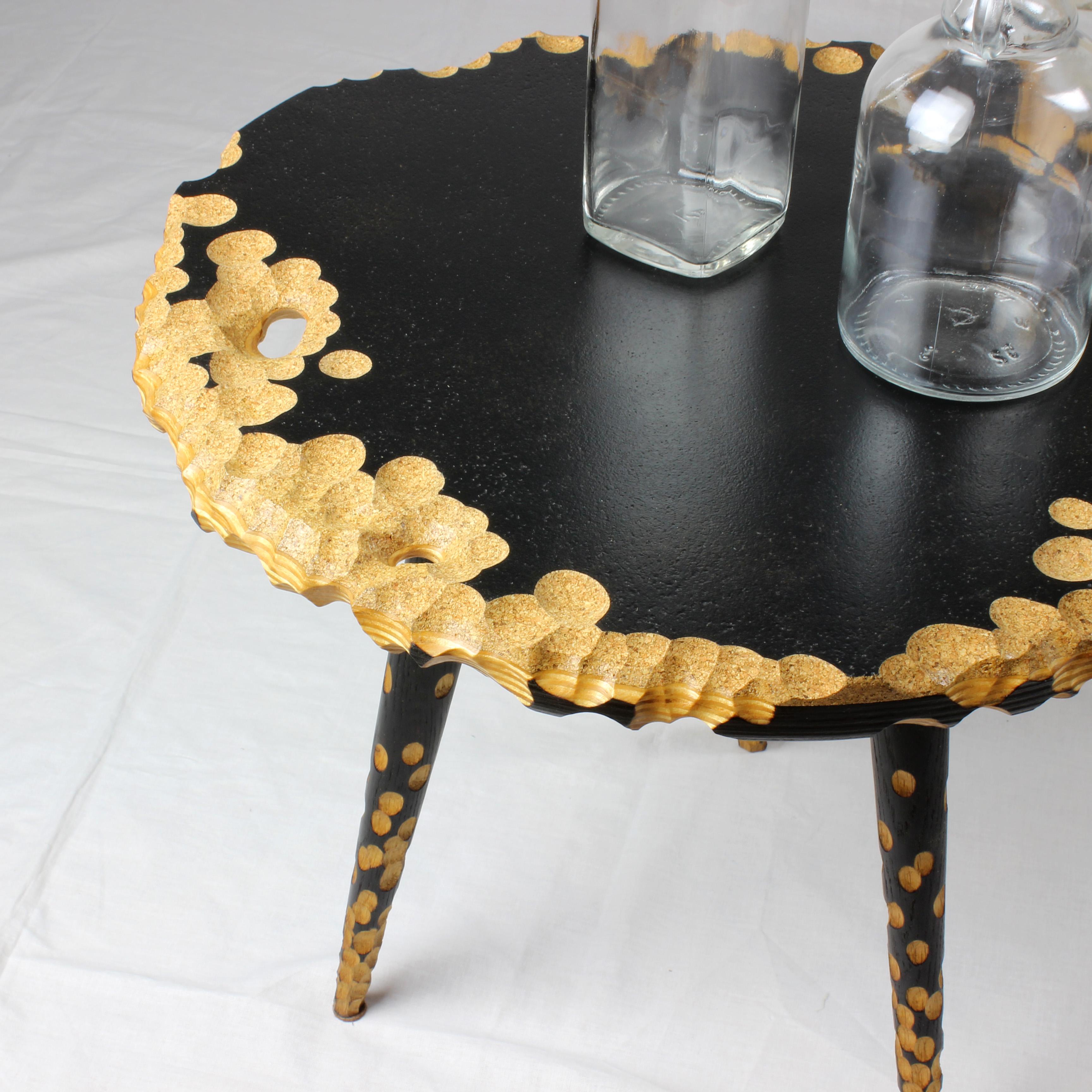 Blackened Moon - Side Table, Unique Sculptured Furniture, from Reclaimed Wood and Cork For Sale