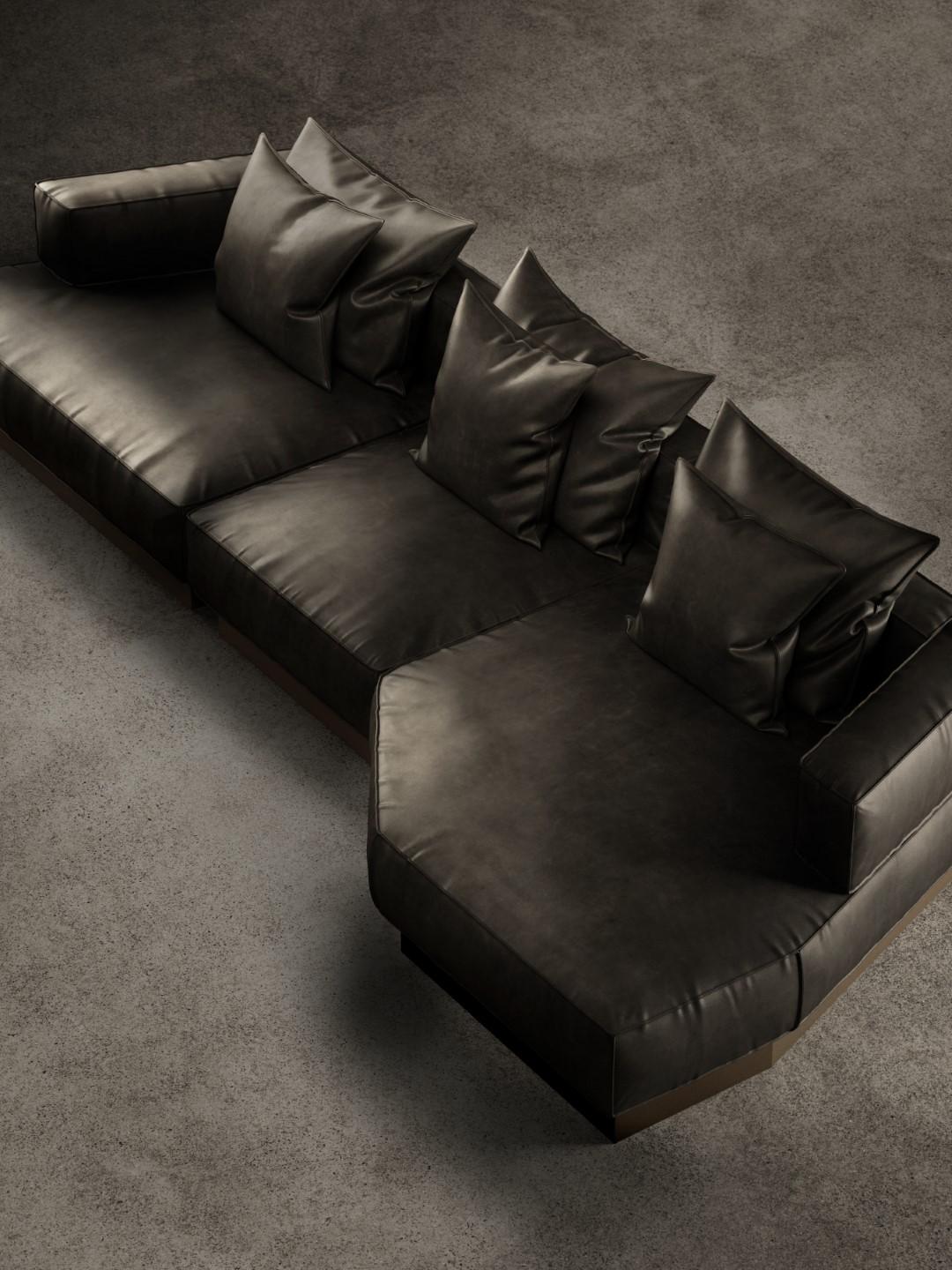 Moonage Daydream Modular Sofa Schwarz Timeless Leder und gebürstetem Messing (Art nouveau) im Angebot