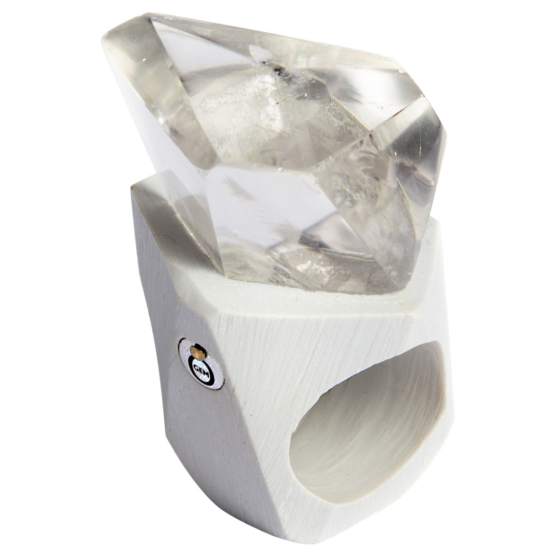 Mooncut — One-of-a-Kind Geometric Quartz, Ceramic and Silver Statement Ring For Sale