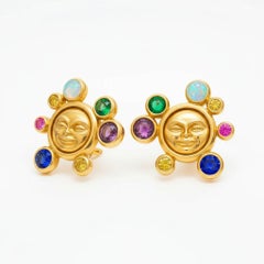 Moonface earrings studs with multicolor gemstones
