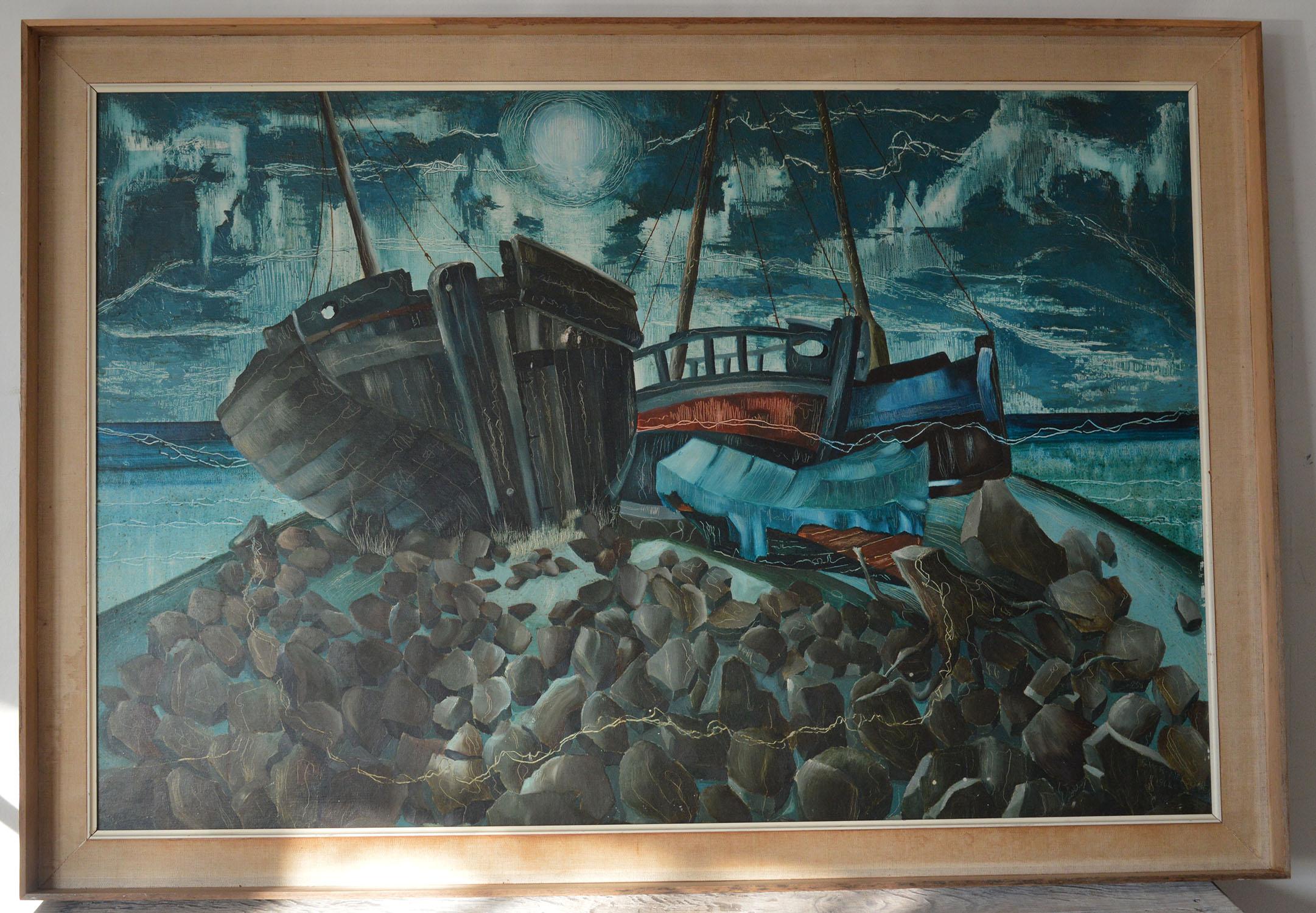 Wonderful painting of boats on a rocky shore. Very much in the style of Paul Nash.

Great colors and technique. I particularly like the way the artist has scratched the paint surface to reveal an amazing striated effect.

Signed and dated bottom