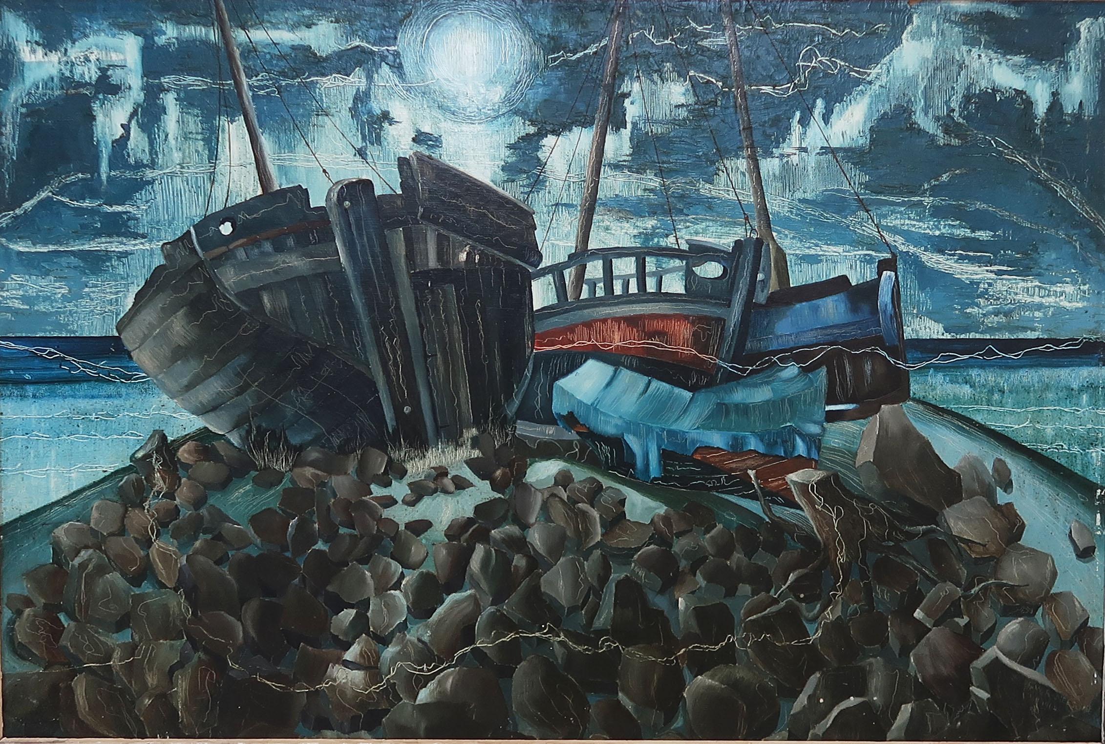 Wonderful painting of boats on a rocky shore. Very much in the style of Paul Nash.

Great colors and technique. I particularly like the way the artist has scratched the paint surface to reveal an amazing striated effect.

Signed and dated bottom