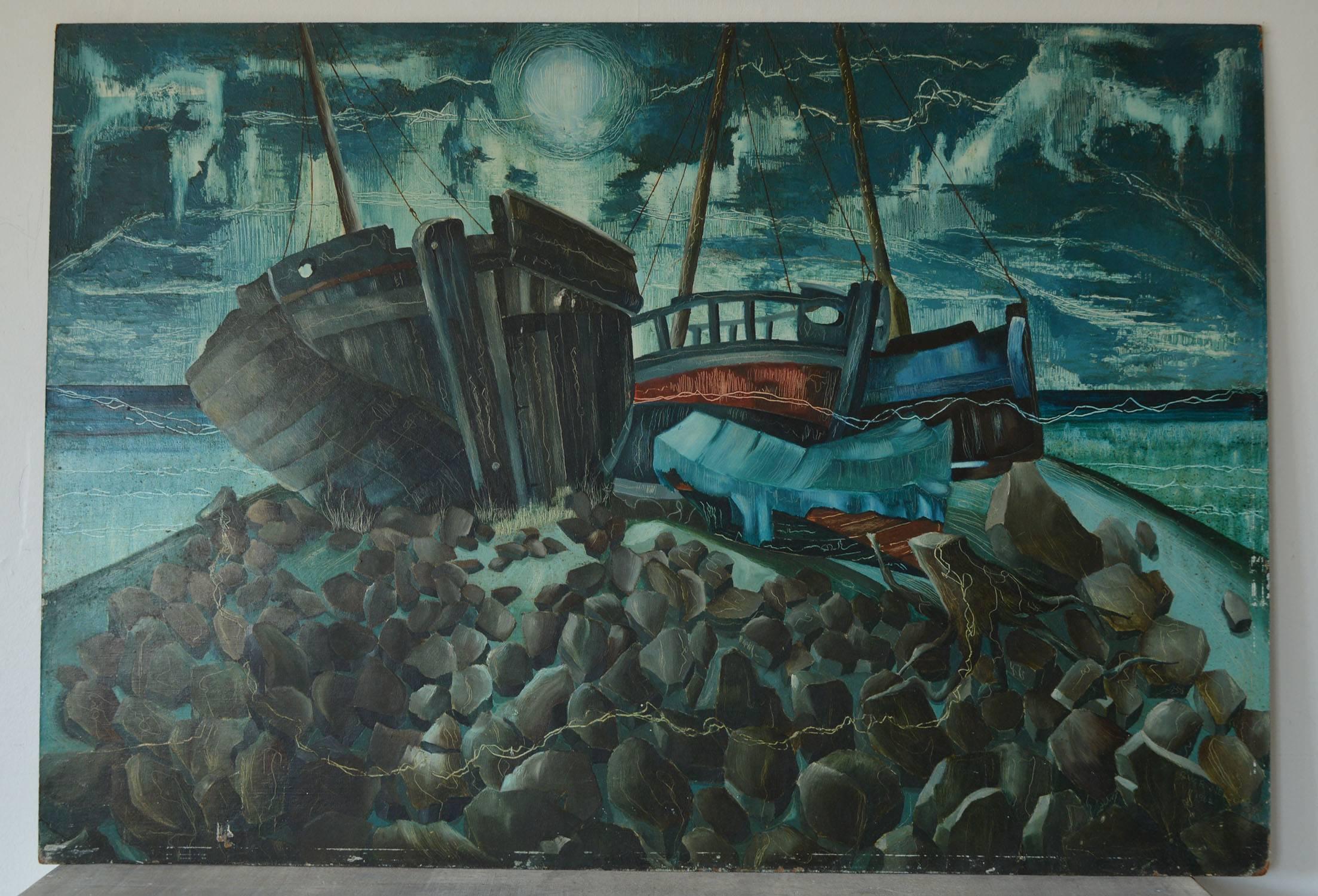 Wonderful painting of boats on a rocky shore. Very much in the style of Paul Nash.

Great colors and technique. I particularly like the way the artist has scratched the paint surface to reveal an amazing striated effect.

Signed and dated bottom
