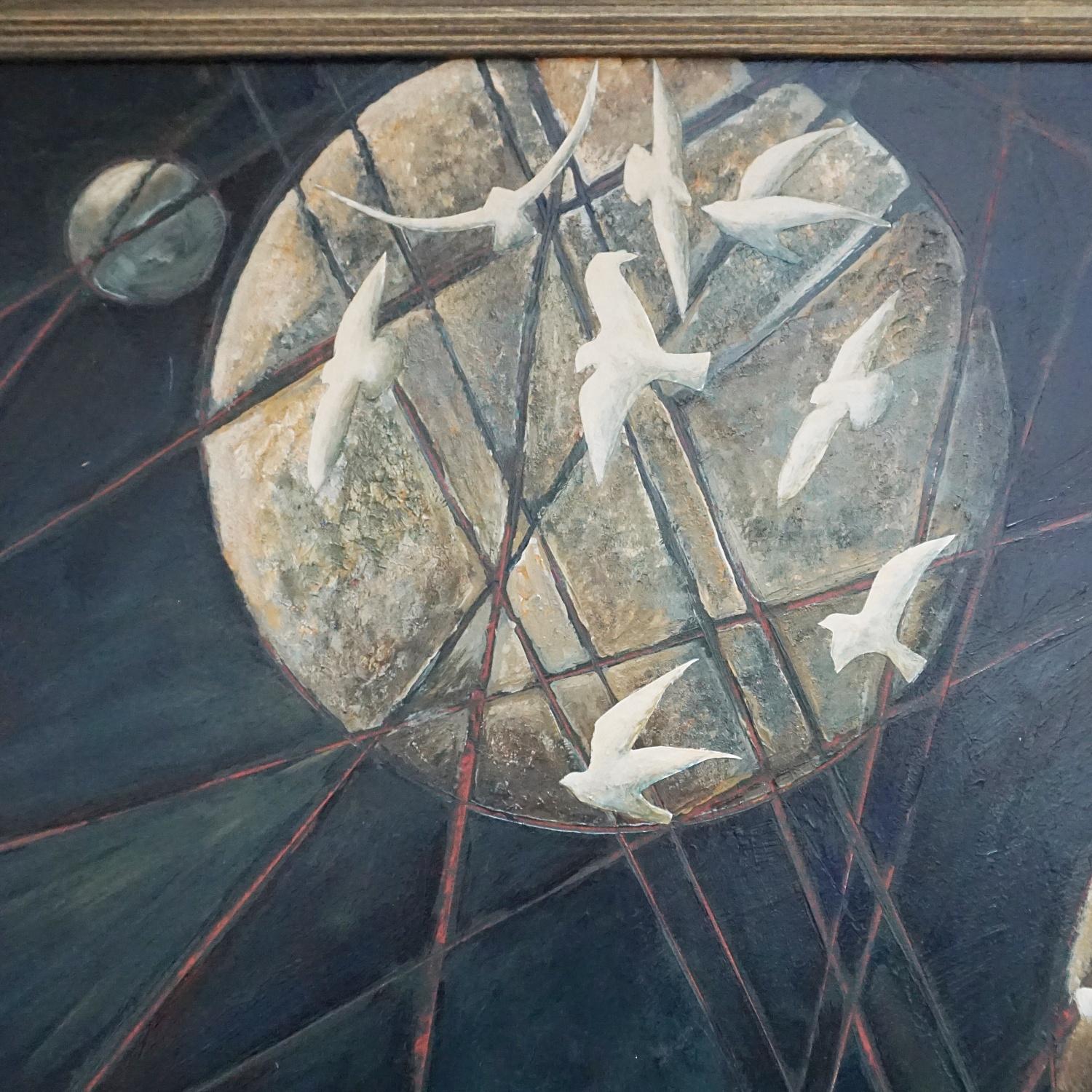 An Art Deco Style Contemporary painting by Vera Jefferson depicting groups of white doves collecting around abstract moons. Signed V Jefferson to lower right. 

Vera Jefferson trained at Goldsmiths College, London and went on to teach Art to