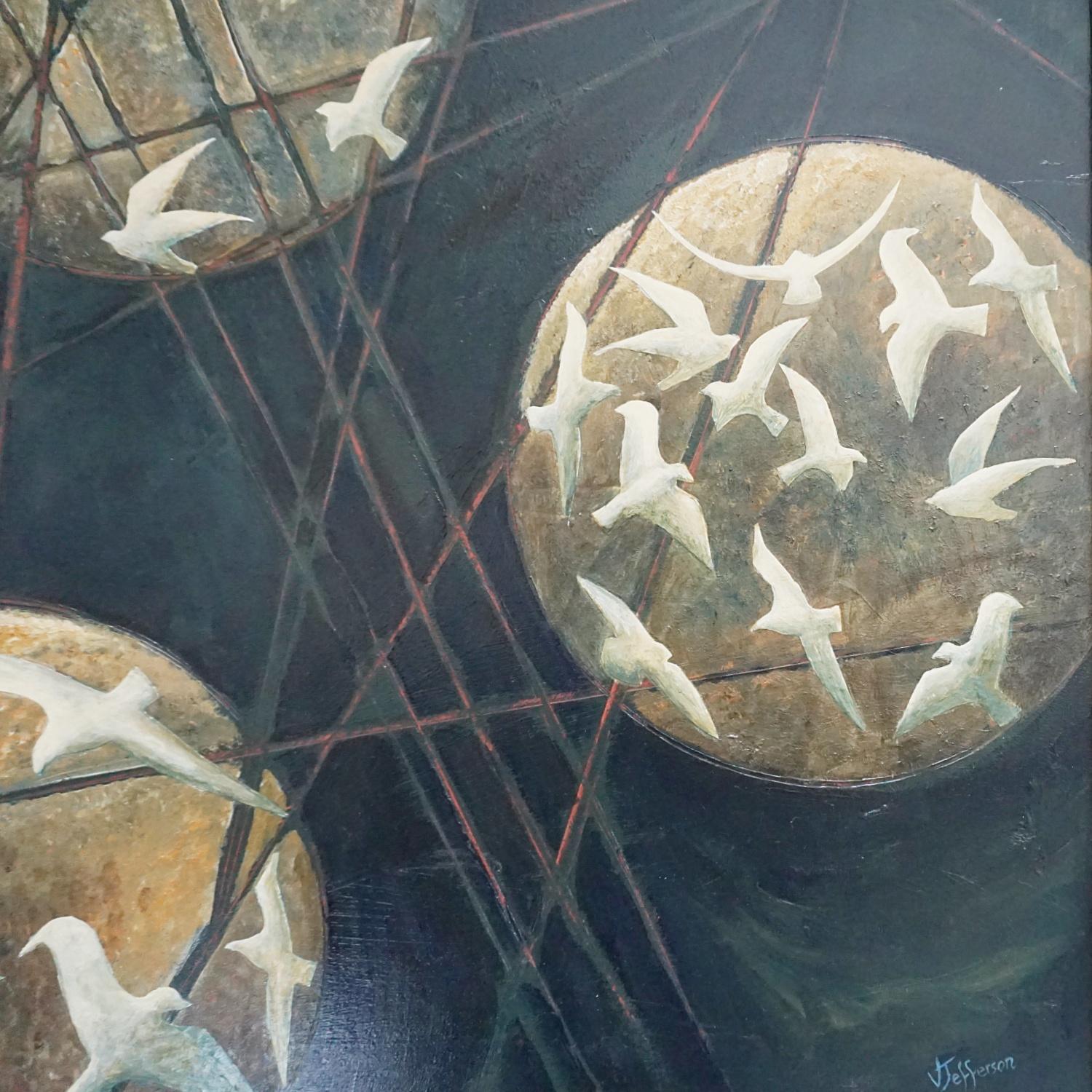 'Moonlight' an Art Deco Style Contemporary Painting by Vera Jefferson In Distressed Condition For Sale In Forest Row, East Sussex