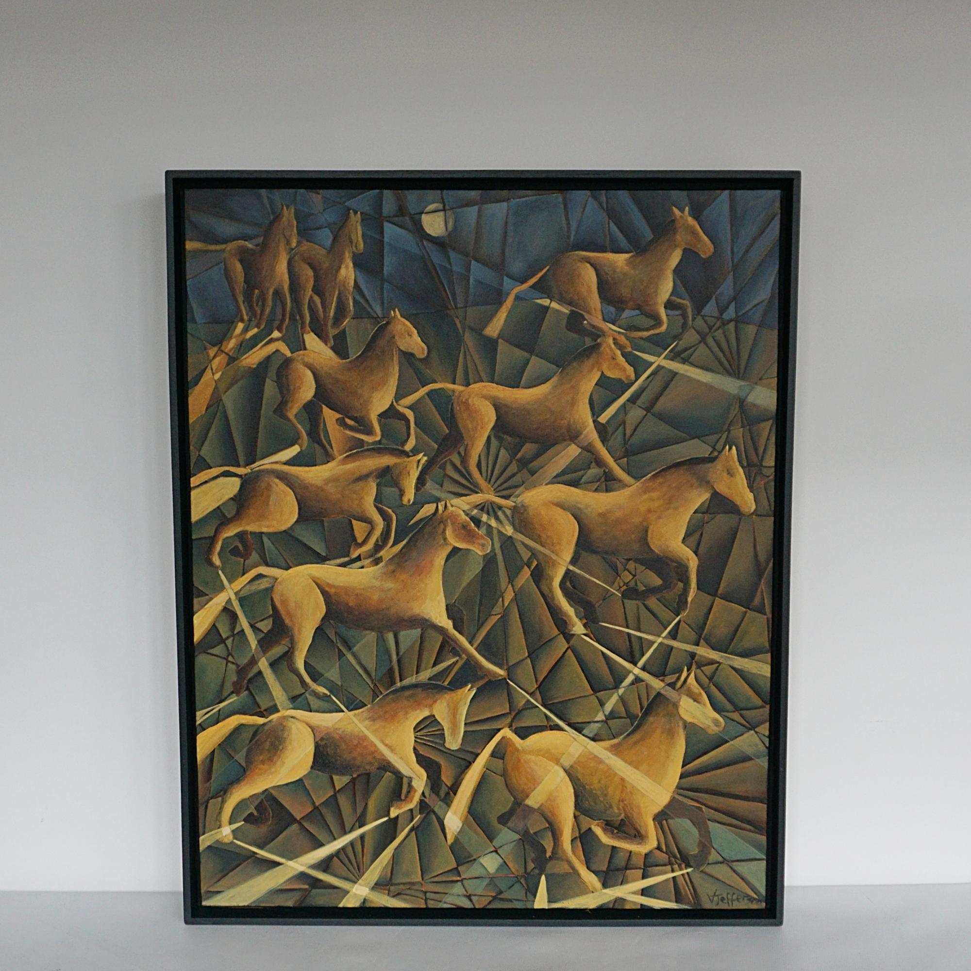 'Moonlight Canter' An Art Deco Style Contemporary painting by Vera Jefferson depicting a group of galloping horses, set against a stylised, abstract background. Signed 'V Jefferson' to lower right. 

Dimensions: H 80cm W 63 D 5cm

 Vera Jefferson