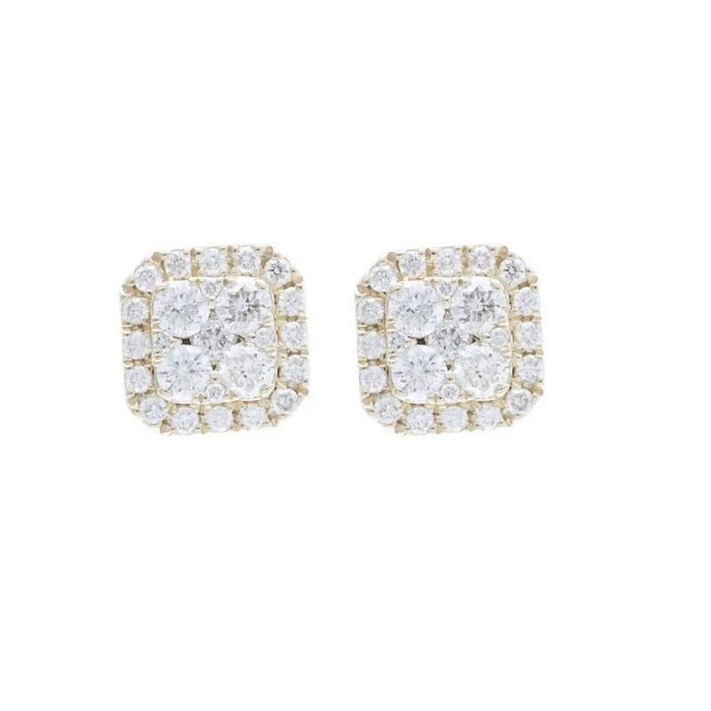 Round Cut Moonlight Cushion Cluster Earrings: 0.59 Carat Diamonds in 14K Yellow Gold For Sale