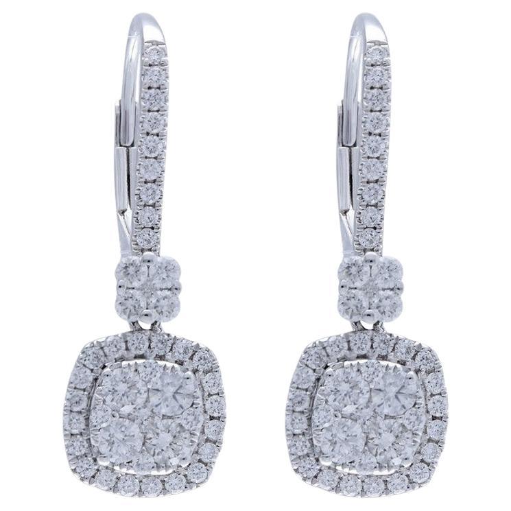 Moonlight Collection Cushion Cluster Earrings: 1 Carat Diamond in 14K White Gold For Sale