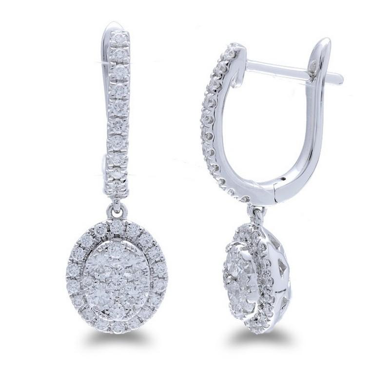 Gesamtkaratgewicht der Diamanten: Diese atemberaubenden Ohrringe haben ein Gesamtkaratgewicht von 0,73 Karat, das sich aus einem Cluster von 76 runden Diamanten zusammensetzt.

Diamanten: Die Ohrringe sind mit 76 runden Diamanten besetzt, die