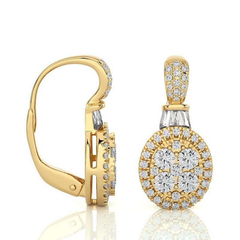 Round Cut Moonlight Collection Oval Cluster Earrings: 0.88 Ctw Diamond ins 14K Yellow Gold For Sale