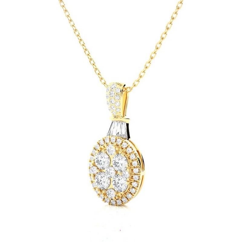 Diamond Total Carat Weight: This stunning pendant features a total carat weight of 0.7 carats, showcasing a combination of 46 round diamonds and 3 tapered baguette diamonds.

Diamonds: The pendant boasts a cluster of 46 round diamonds and 3 tapered