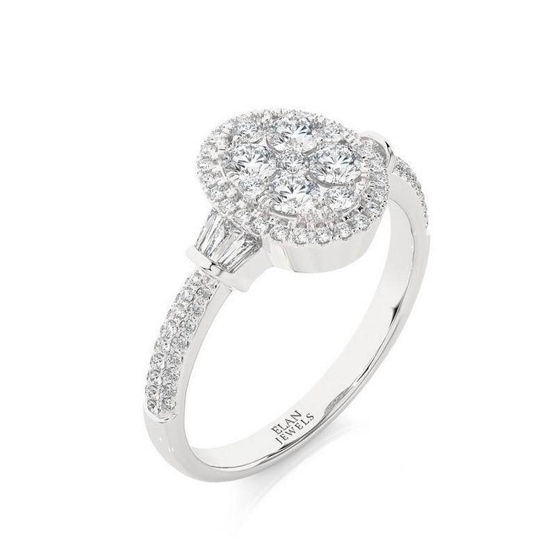 Diamond Total Carat Weight: This exquisite ring features a total carat weight of 0.87 carats, showcasing a combination of 85 round diamonds and 6 tapered baguette diamonds.

Diamonds: The ring boasts a cluster of 85 round diamonds and 6 tapered