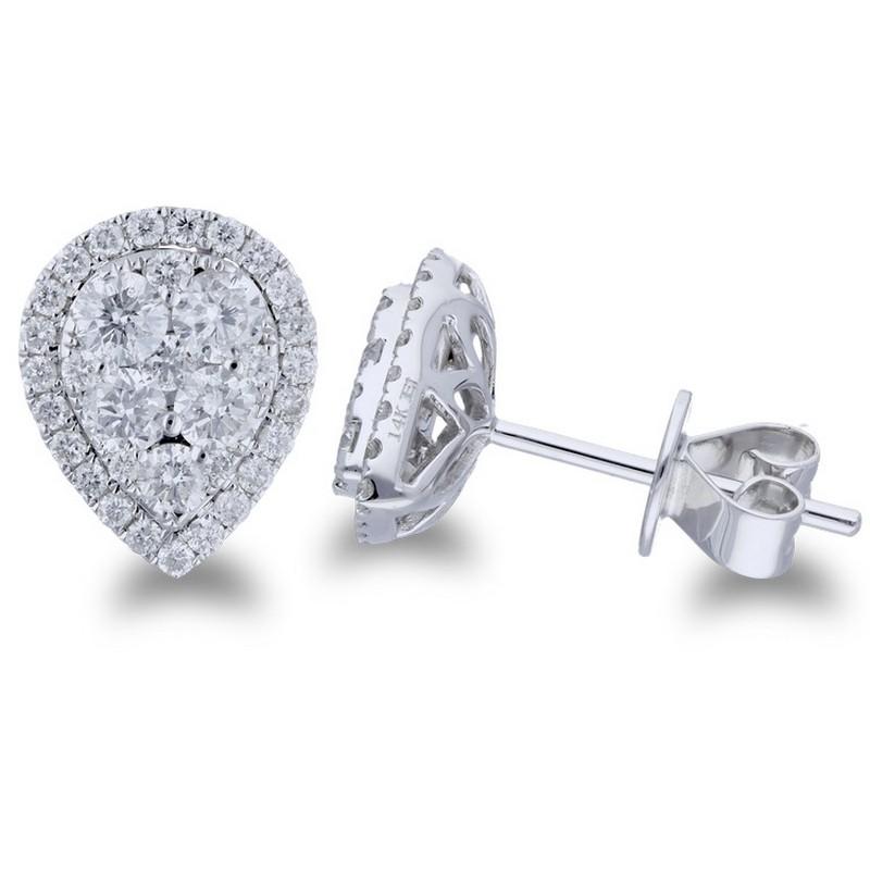 Diamond Total Carat Weight: These exquisite earrings feature a total carat weight of 1.26 carats, highlighting the brilliance of 68 round diamonds meticulously arranged in a captivating pear cluster design.

Diamonds: The earrings showcase a cluster