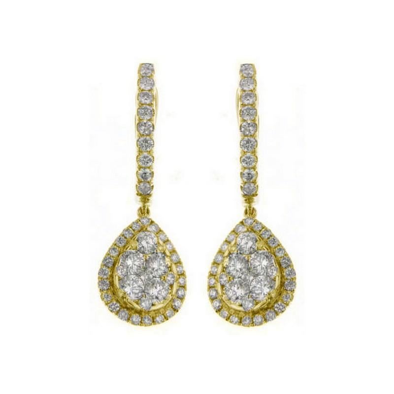 Diamond Total Carat Weight: These stunning earrings boast a total carat weight of 1.61 carats, showcasing the brilliance of 86 round diamonds meticulously arranged in a captivating pear cluster design.

Diamonds: The earrings feature a cluster of 86