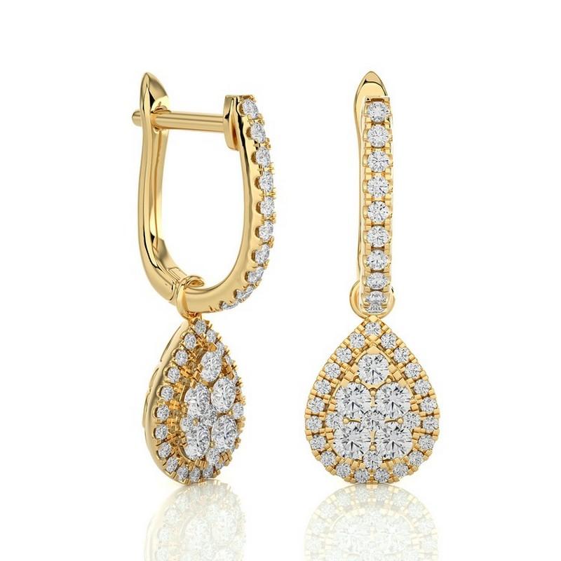 Modern Moonlight Collection Pear Cluster Earrings: 0.46 Ctw Diamonds in 14K Yellow Gold For Sale