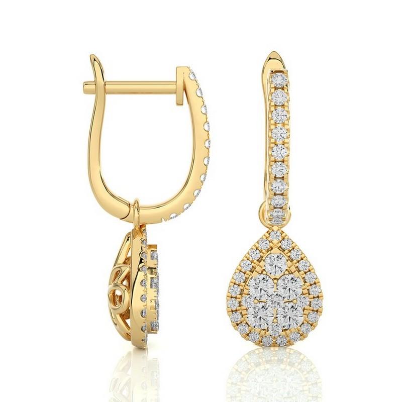 Round Cut Moonlight Collection Pear Cluster Earrings: 0.46 Ctw Diamonds in 14K Yellow Gold For Sale