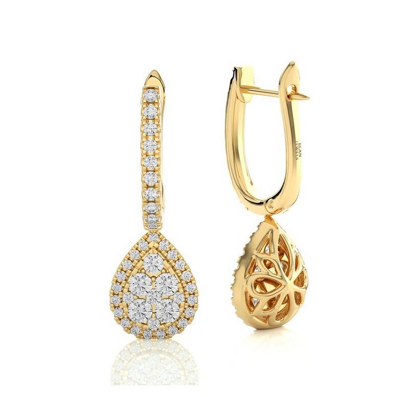 Gesamtkaratgewicht der Diamanten: Diese eleganten Ohrringe haben ein Gesamtkaratgewicht von 0,96 Karat und sind mit 80 runden Diamanten besetzt, die sorgfältig in einem fesselnden Birnencluster angeordnet sind.

Diamanten: Die Ohrringe sind mit 80