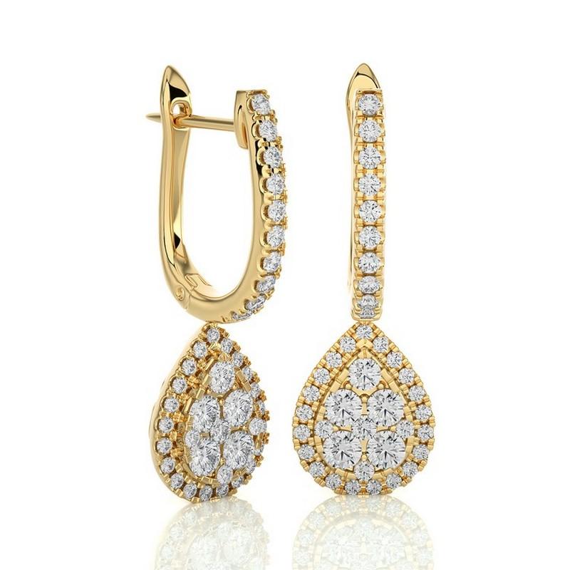 Modern Moonlight Collection Pear Cluster Earrings: 0.96 Ctw Diamonds in 14K Yellow Gold For Sale