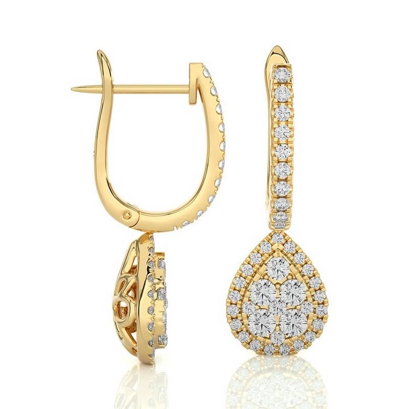 Round Cut Moonlight Collection Pear Cluster Earrings: 0.96 Ctw Diamonds in 14K Yellow Gold For Sale
