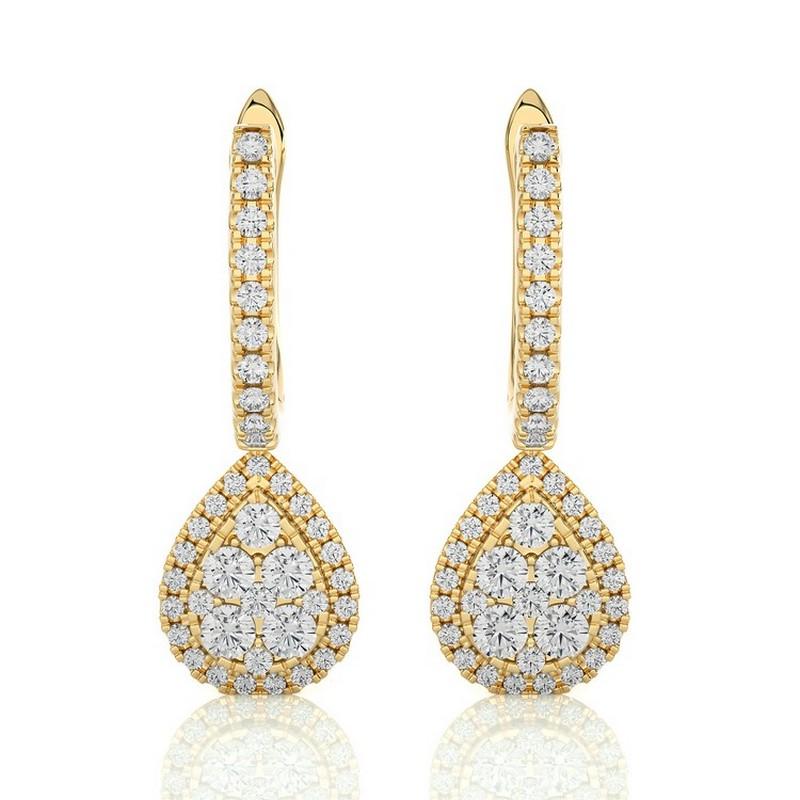 Moonlight Collection Pear Cluster Earrings: 0.96 Ctw Diamonds in 14K Yellow Gold For Sale