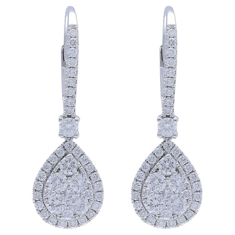 Moonlight Collection Pear Cluster Earrings: 1 Carat Diamond in 14K White Gold For Sale