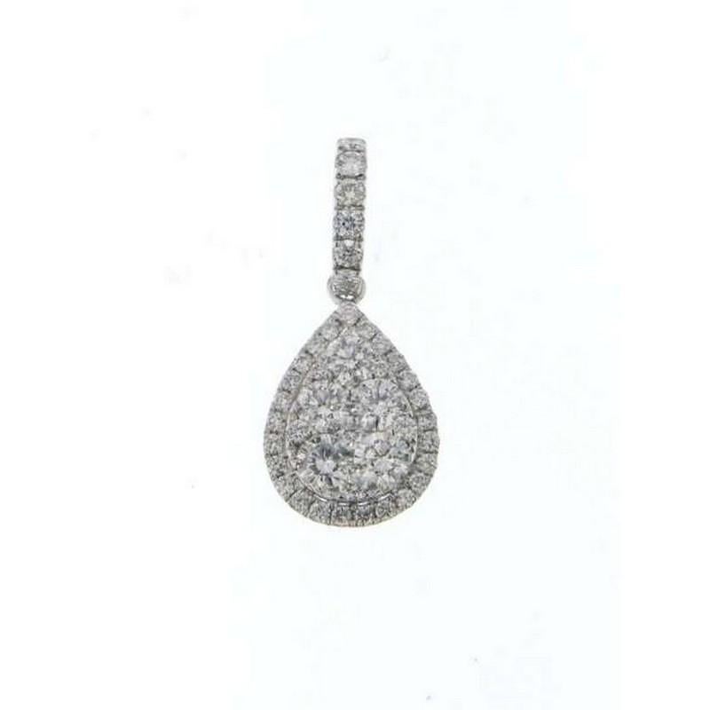 Diamond Total Carat Weight: This stunning pendant features a total carat weight of 1.05 carats, showcasing the brilliance of 42 round diamonds meticulously arranged in a captivating pear cluster design.

Diamonds: The pendant boasts a cluster of 42