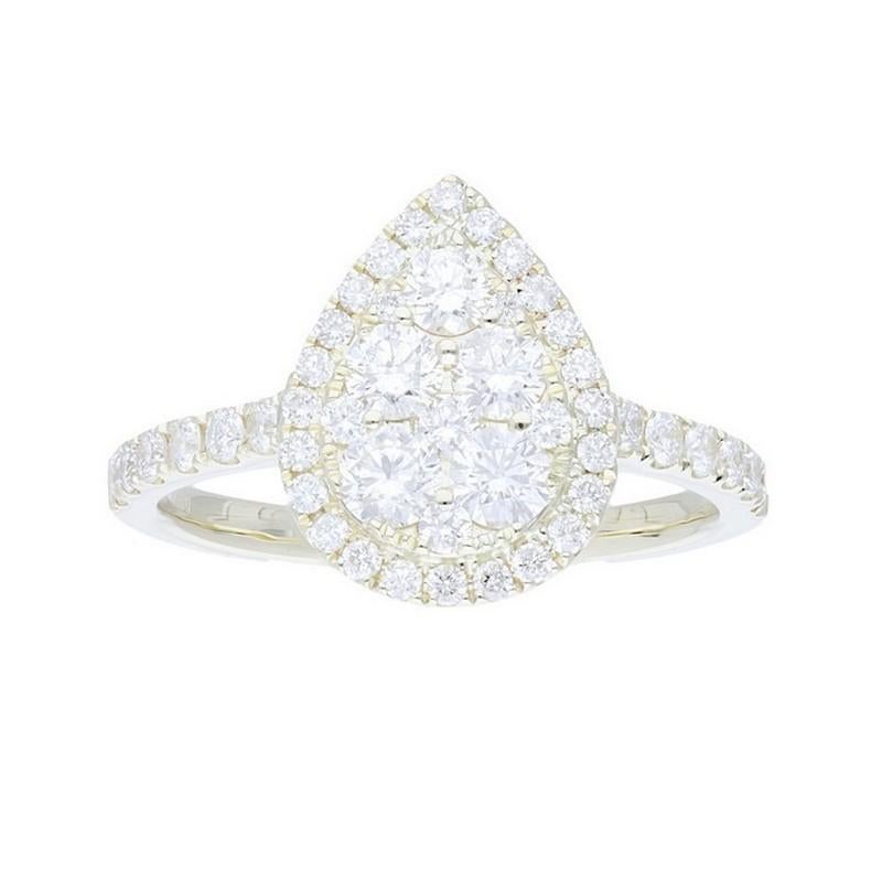 Diamond Total Carat Weight: This enchanting ring features a total carat weight of 1.2 carats, showcasing the brilliance of 49 round diamonds meticulously arranged in a captivating pear cluster design.

Diamonds: The ring boasts a cluster of 49 round