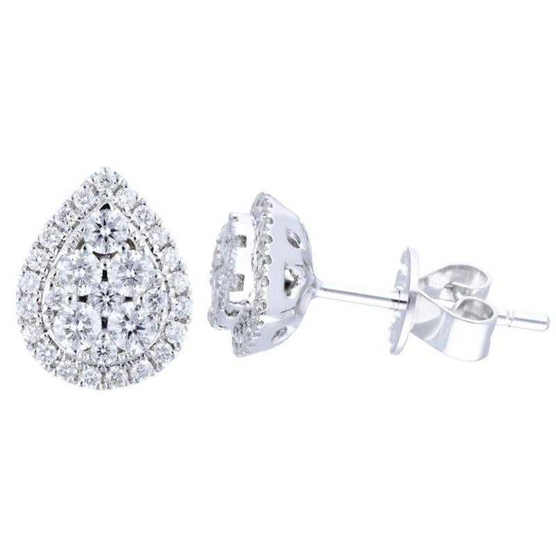 Diamond Total Carat Weight: These stunning earrings feature a total carat weight of 0.81 carats, showcasing a dazzling array of 60 round diamonds arranged in a captivating pear cluster design.

Diamonds: The earrings boast a cluster of 60 round
