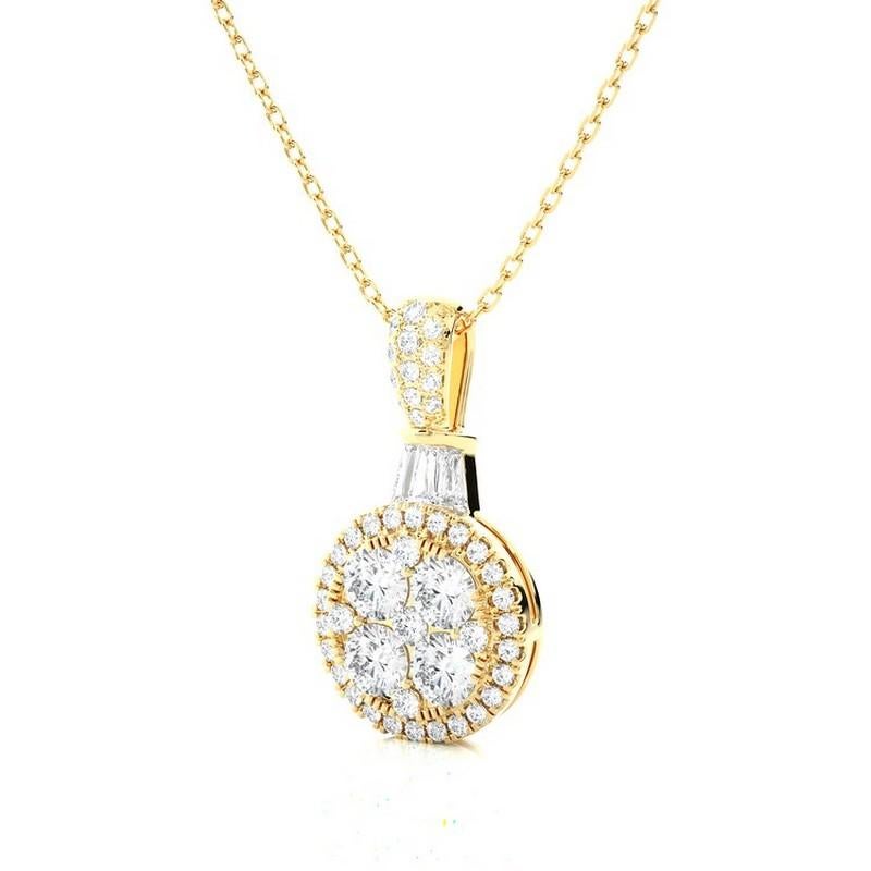 Diamond Total Carat Weight: This elegant pendant features a total carat weight of 0.7 carats, showcasing a dazzling array of 51 round diamonds meticulously arranged in a captivating round cluster design.

Diamonds: The pendant boasts 51 brilliant