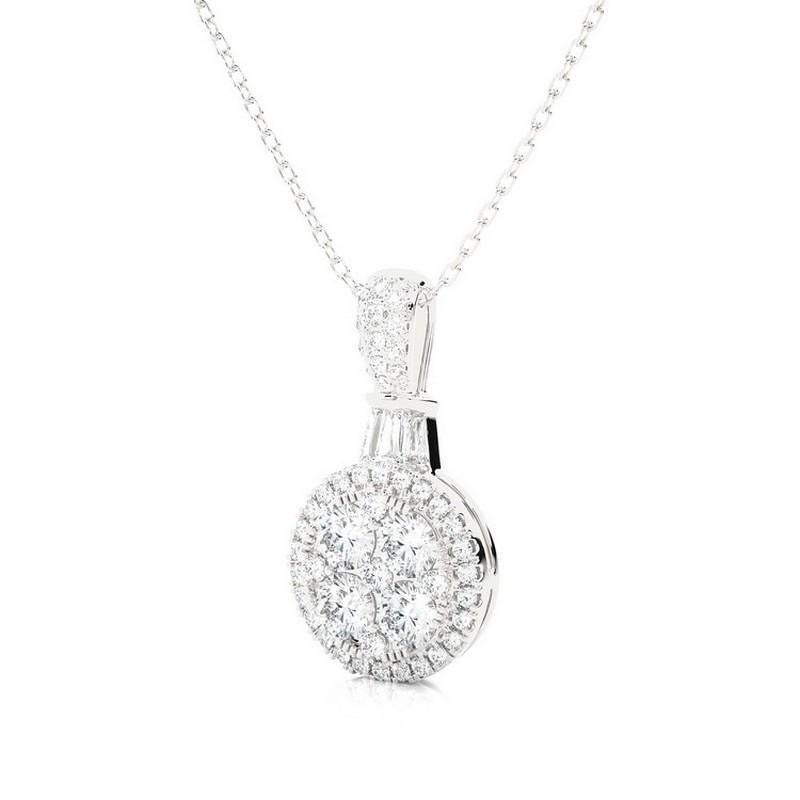 Poids total en carats des diamants : Cet élégant pendentif affiche un poids total de 0,7 carat, mettant en valeur un ensemble éblouissant de 51 diamants ronds méticuleusement disposés dans un design captivant de grappe ronde.

Diamants : Le