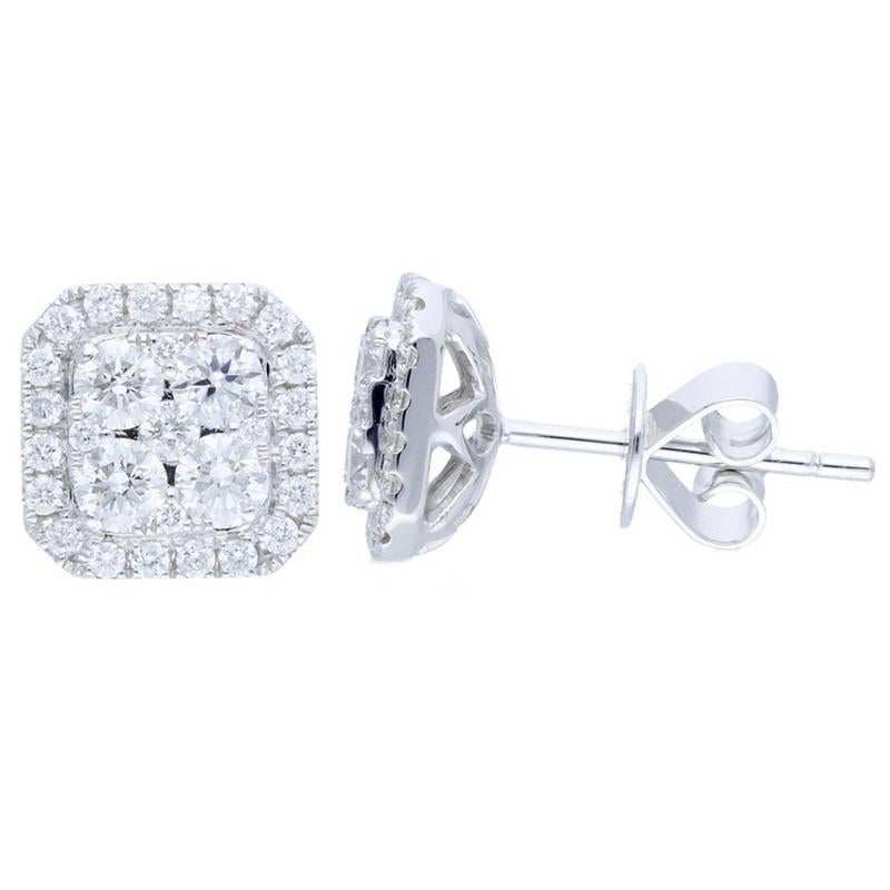 Diamond Total Carat Weight: Adorn your ears with the exquisite Moonlight Cushion Cluster Earring Studs featuring a total of 1.25 carats of diamonds. This pair showcases a captivating cluster design with 58 round diamonds meticulously set in 14K