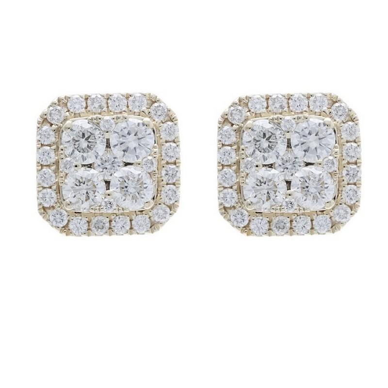 Round Cut Moonlight Cushion Cluster Earrings: 1.27 Carat Diamonds in 14K Yellow Gold For Sale