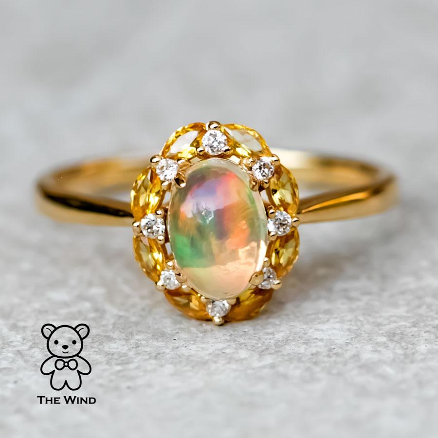 Arts and Crafts Moonlight Fire Opal Yellow Sapphire Diamond Engagement Ring 18K Yellow Gold For Sale