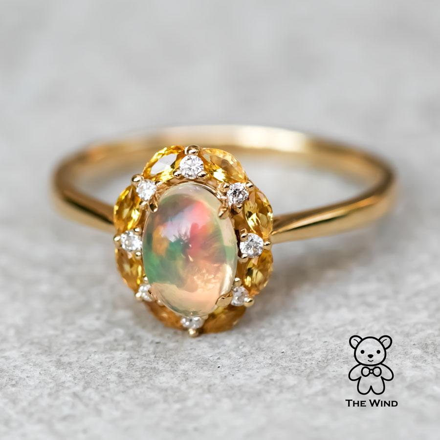 Brilliant Cut Moonlight Fire Opal Yellow Sapphire Diamond Engagement Ring 18K Yellow Gold For Sale