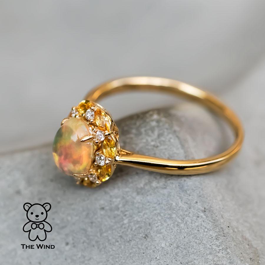 Moonlight Fire Opal Yellow Sapphire Diamond Engagement Ring 18K Yellow Gold In New Condition For Sale In Suwanee, GA