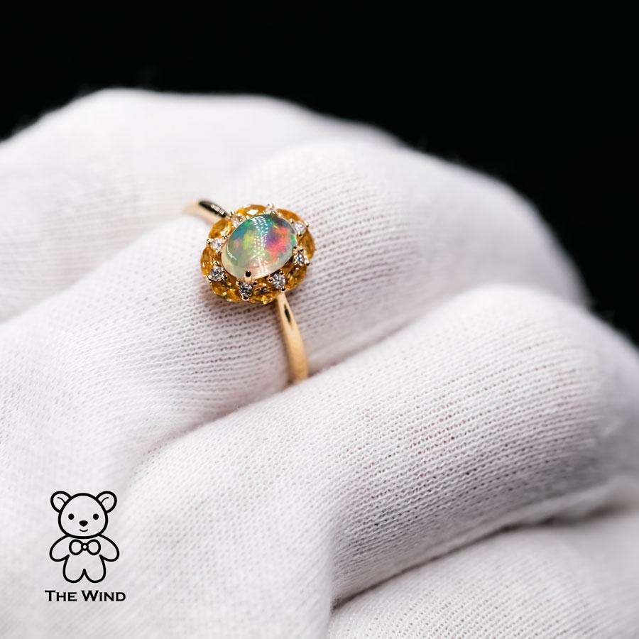 Moonlight Fire Opal Yellow Sapphire Diamond Engagement Ring 18K Yellow Gold For Sale 1