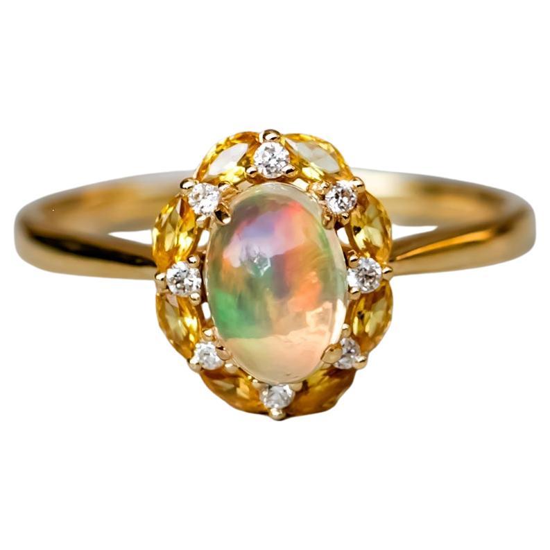 Moonlight Fire Opal Yellow Sapphire Diamond Engagement Ring 18K Yellow Gold For Sale