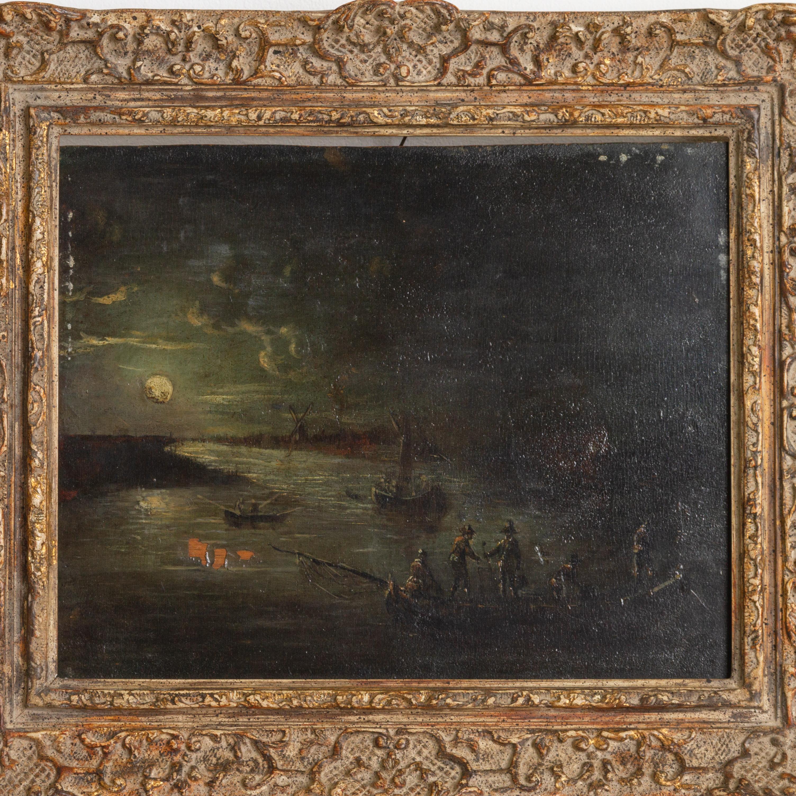In buone condizioni, leggera perdita di vernice al centro.
Da una collezione privata
Spedizione internazionale gratuita
Scena di pesca al chiaro di luna Pittura antica del XVIII secolo 
