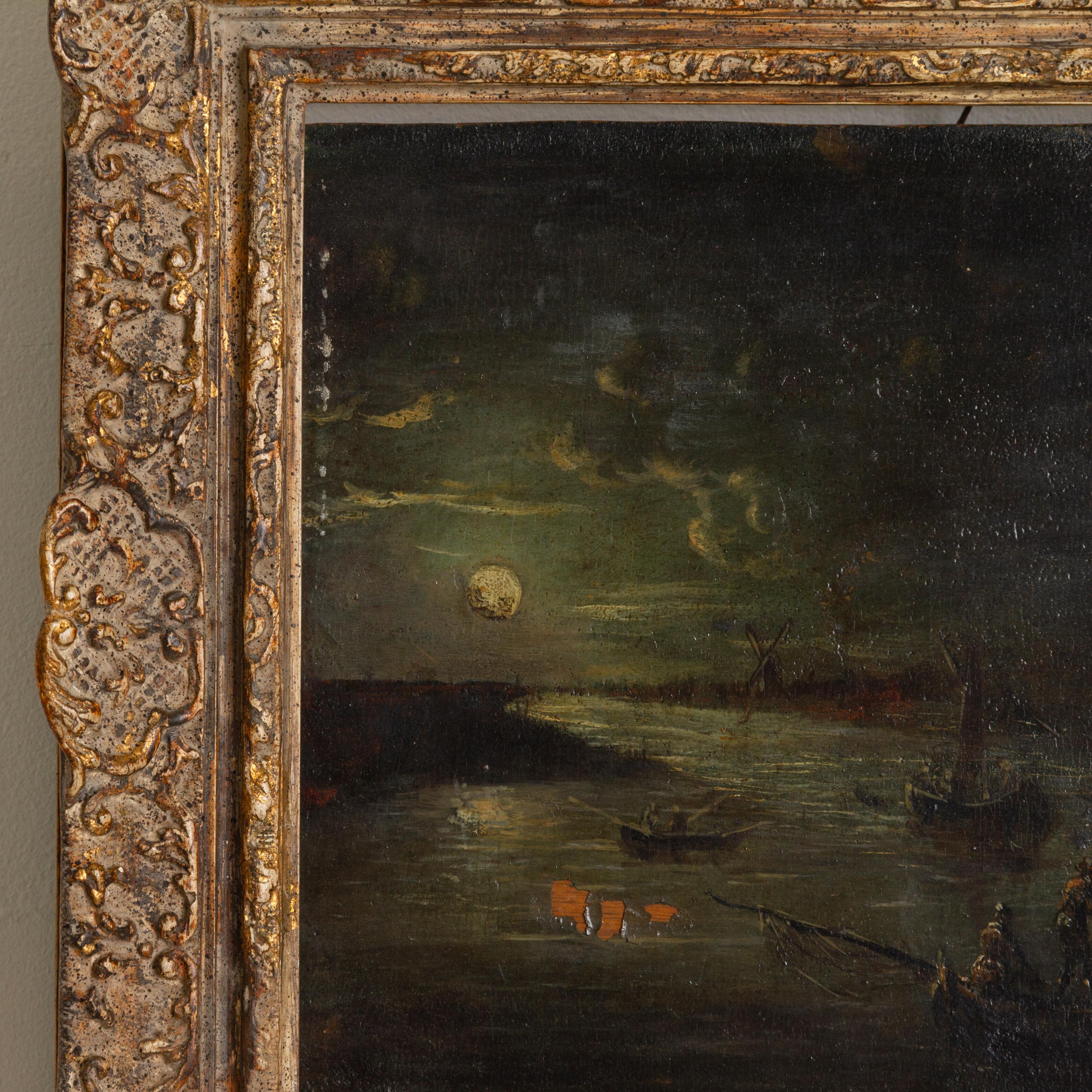 Fino al XVIII secolo Scena di pesca al chiaro di luna Pittura antica del XVIII secolo in vendita