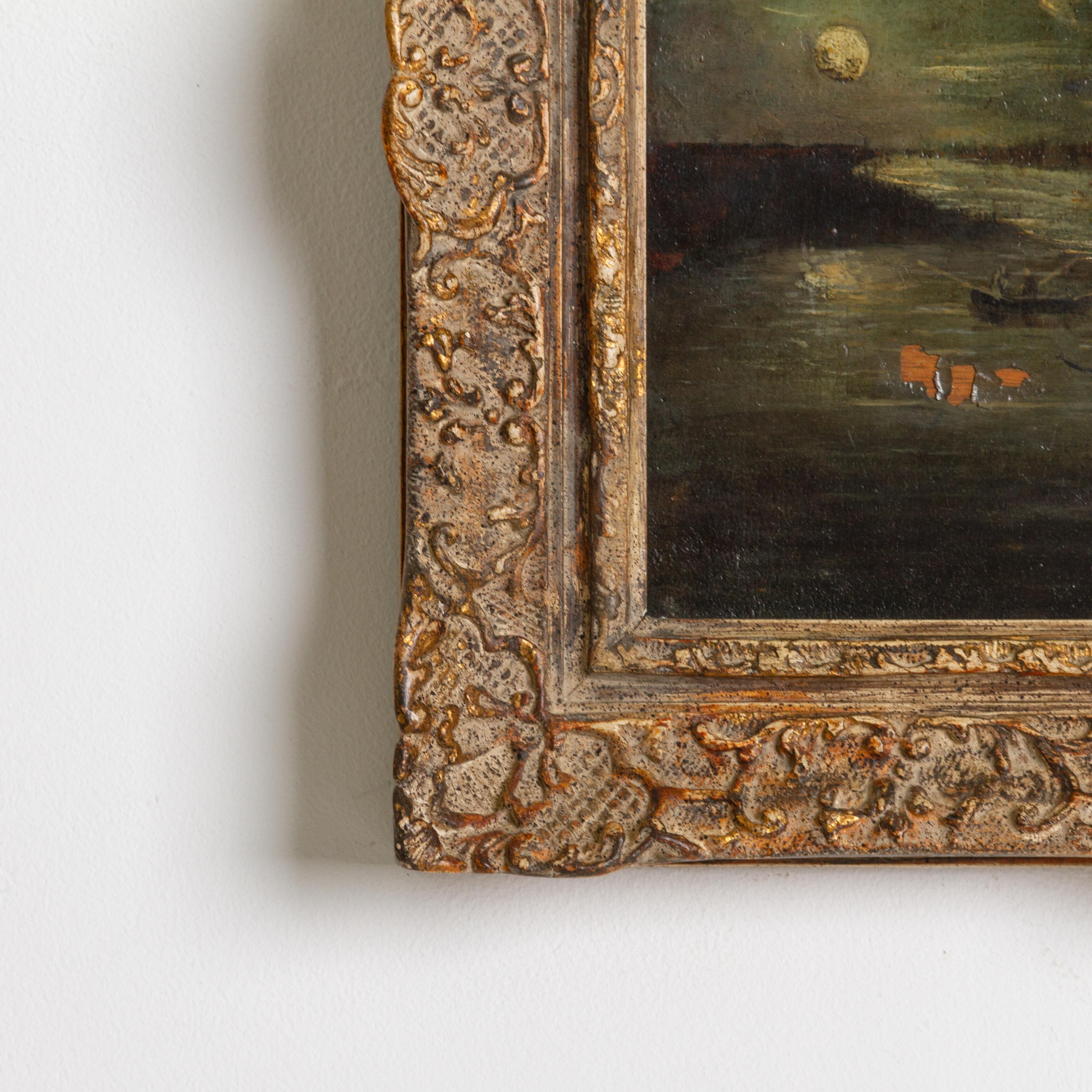 Legno Scena di pesca al chiaro di luna Pittura antica del XVIII secolo in vendita