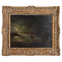Moonlight Fishing Scene 18th Century Old Master Painting 