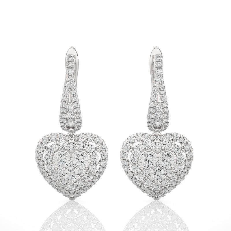 Round Cut Moonlight Heart Cluster Earring: 1.8 Carat Diamonds in 14k White Gold For Sale