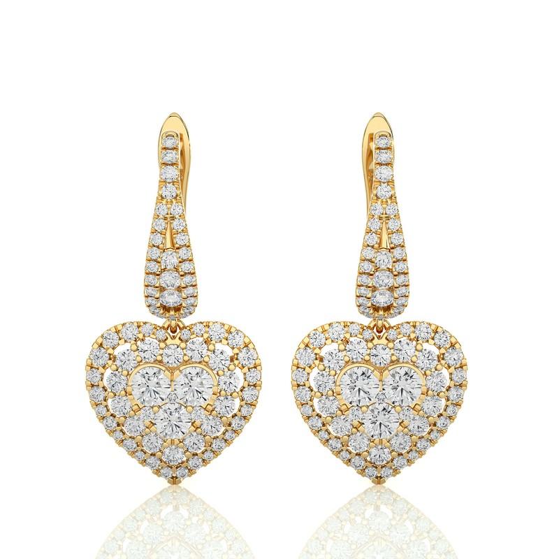 Round Cut Moonlight Heart Cluster Earring: 1.8 Carat Diamonds in 14k Yellow Gold For Sale