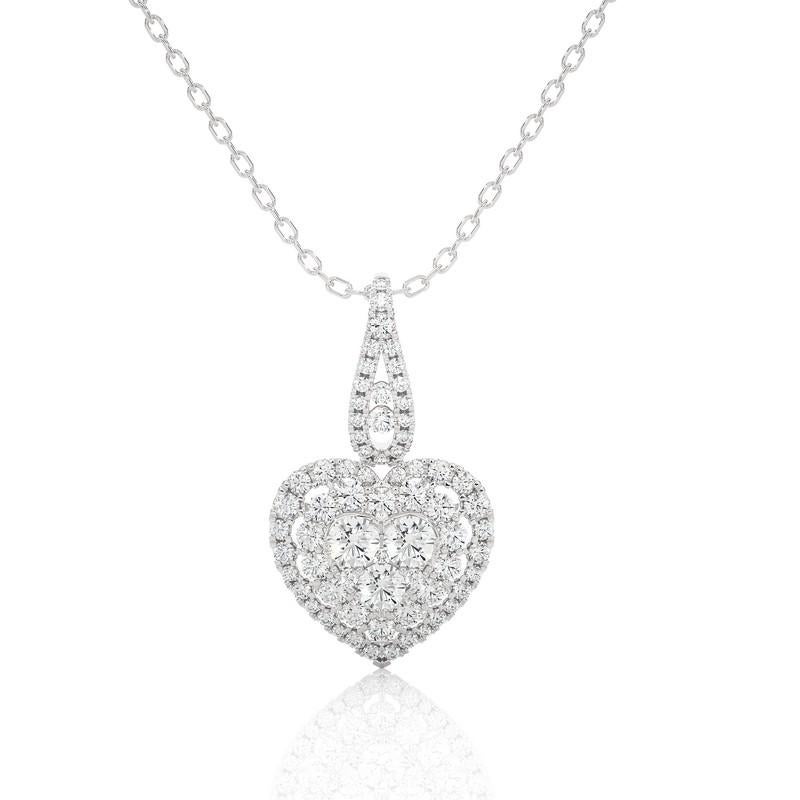 Round Cut Moonlight Heart Cluster Pendant: 1.1 Carat Diamonds in 14k White Gold For Sale