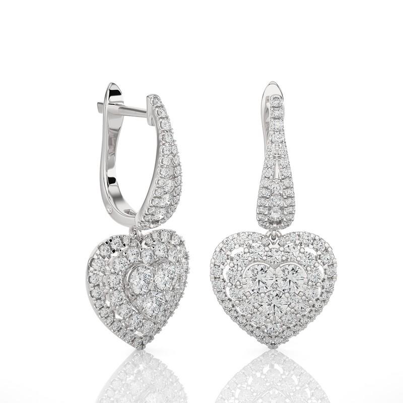 Modern Moonlight Heart Cluster Earring: 1.8 Carat Diamonds in 14k White Gold For Sale