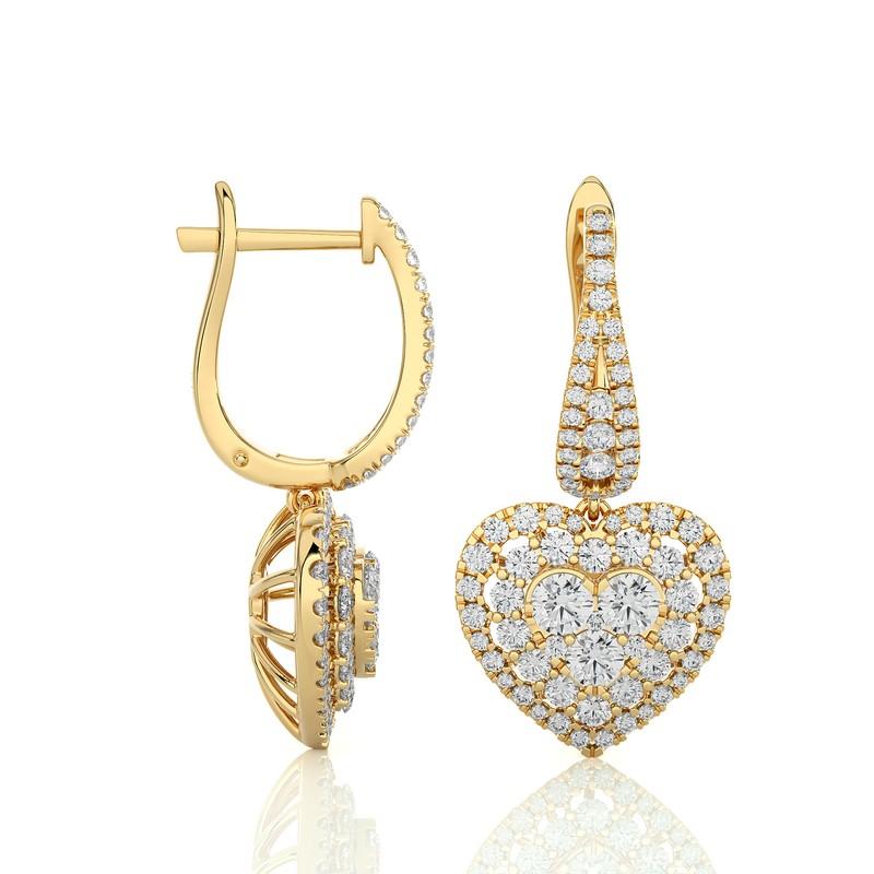 Modern Moonlight Heart Cluster Earring: 1.8 Carat Diamonds in 14k Yellow Gold For Sale