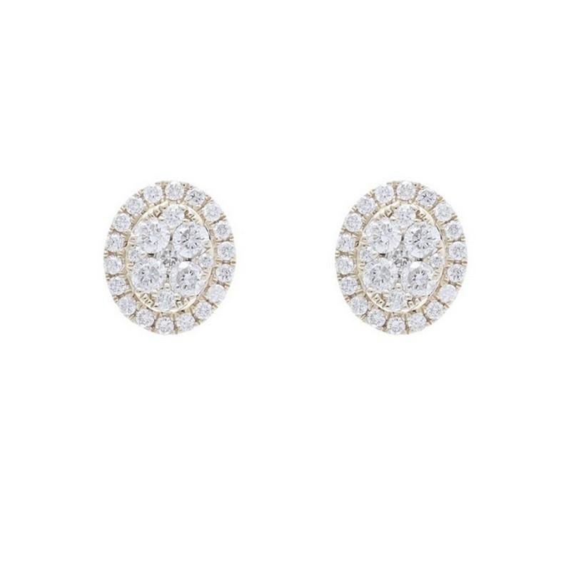Round Cut Moonlight Oval Cluster Stud Earrings: 0.59 Carat Diamonds in 14K Yellow Gold For Sale