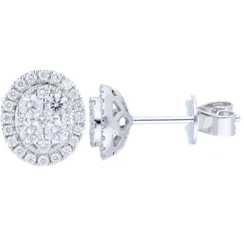 Round Cut Moonlight Oval Cluster Stud Earrings: 0.81 Carat Diamonds in 14K White Gold For Sale