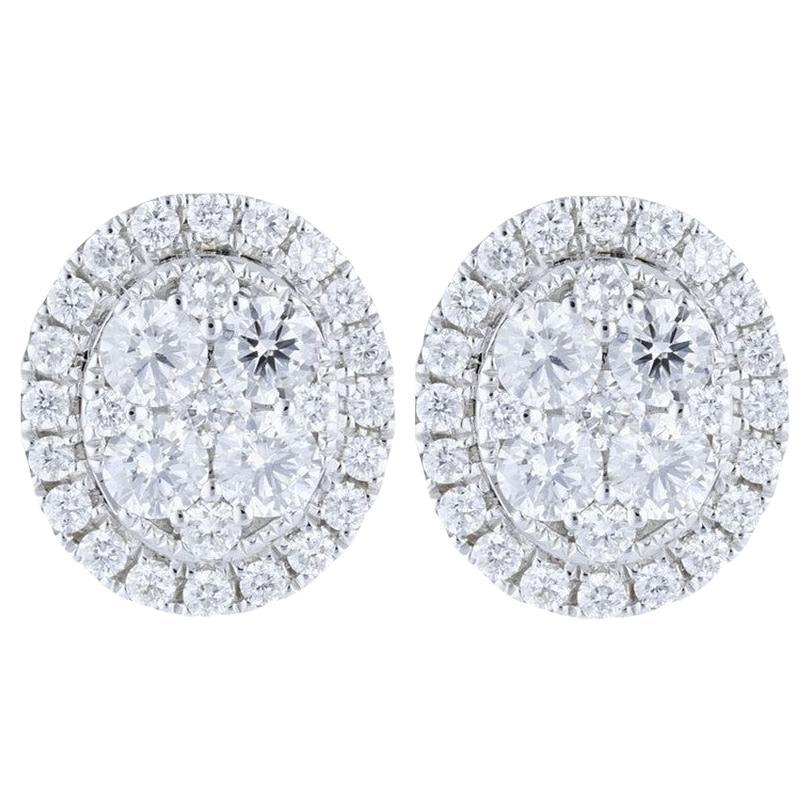 Moonlight Oval Cluster Stud Earrings: 0.81 Carat Diamonds in 14K White Gold For Sale